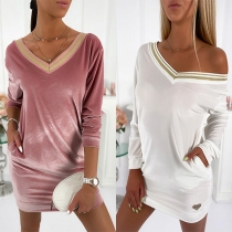 Fashion Contrast Color V-Neck Long Sleeve Slim Fit Dress