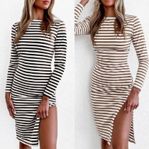 Fashion Long Sleeve Round Neck Slit Hem Slim Fit Striped Dress