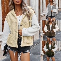 Fashion Contrast Color Long Sleeve Hooded Plush Coat