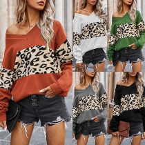 Fashion Leopard Spliced Long Sleeve V-neck Knit Top