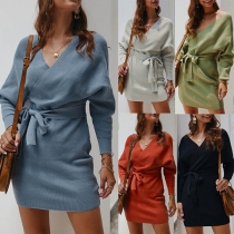 Sexy V-neck Long Sleeve Slim Fit Knit Dress