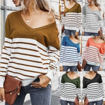 Fashion Striped Spliced Long Sleeve V-neck Knit Top