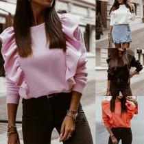 Fashion Solid Color Long Sleeve Round Neck Ruffle Top