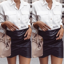 Fashion Solid Color High Waist Irregular Hem PU Leather Skirt