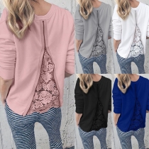 Fashion Solid Color Long Sleeve Round Neck Back Zipper Lace Spliced Top