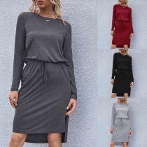 Fashion Solid Color Long Sleeve Round Neck Slit Hem Dress