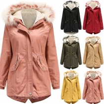 Fashion Solid Color Faux Fur Spliced Hooded Plush Lining Padded Coat