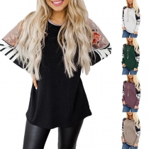 Fashion Striped Printed Spliced Long Sleeve Round Neck T-shirt