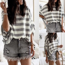 Fashion Dolamn Sleeve ROund Neck Loose Striped T-shirt