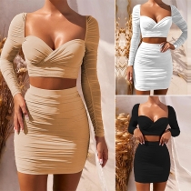Sexy Long Sleeve Square Collar Crop Top + Skirt Two-piece Set