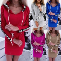 Fashion Letters Printed Long Sleeve Hooded Sweatshirt Dress