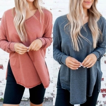 Fashion Solid Color Long Sleeve V-neck Slit Hem T-shirt