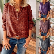 Retro Style Long Sleeve Stand Collar Printed T-shirt