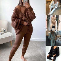 Fashion Solid Color V-neck Top + Pants Sports Suit