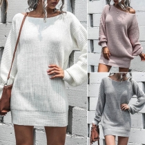 Fashion Solid Color Lantern Sleeve Boat Neck Knit Dress