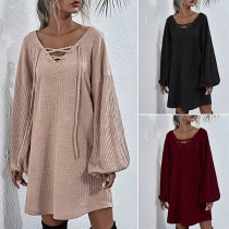 Fashion Solid Color Lace-up V-neck Lantern Sleeve Knit Dress