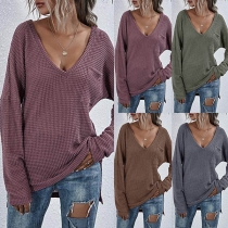 Simple Style Long Sleeve V-neck Solid Color Knit Top