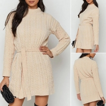 Fashion Solid Color Long Sleeve Mock Neck Slim Fit Knit Dress