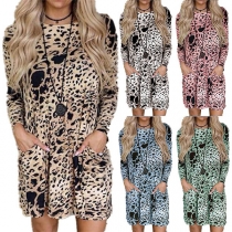 Fashion Long Sleeve Round Neck Leopard Printed Loose Dress
