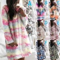 Fashion Long Sleeve Round Neck Printed Plush Dress