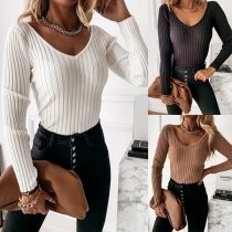 Fashion Solid Color Long Sleeve V-neck Solid Color Knit Top