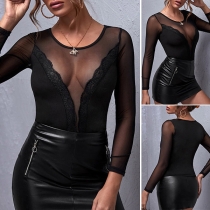 Sexy See-through Gauze Spliced Long Sleeve Round Neck Top