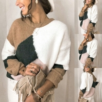 Fashion Contrast Color Long Sleeve Round Neck Sweater