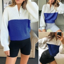 Fashion Contrast Color Lantern Sleeve Stand Collar Knit Top