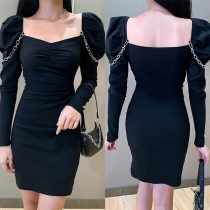 Sexy Puff Sleeve Square Collar Solid Color Slim Fit Dress