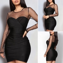 Sexy Gauze Spliced Long Sleeve Round Neck Slim Fit Dress