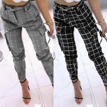 Fashion High Waist Side-pocket Plaid Pants without Belt