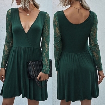 Sexy Lace Spliced Long Sleeve Deep V-neck Solid Color Dress