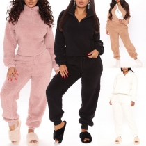 Fashion Solid Color Long Sleeve Plush Top + Pants Two-piece Set