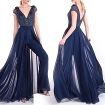 Sexy Deep V-neck Gauze Spliced High Waist Jumpsuit