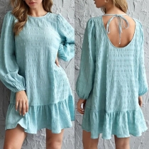 Fashion Lantern Sleeve Round Neck Ruffle Hem Solid Color Dress