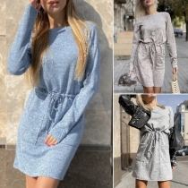 Fashion Solid Color Long Sleeve Drawstring Waist Dress