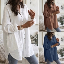 Fashion Solid Color Long Sleeve V-neck Loose Shirt