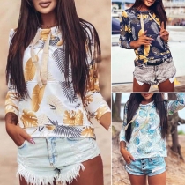 Fashion Leaf Printed Long Sleeve Drawstring Round Neck Top
