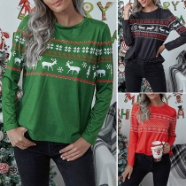 Cute Elk Printed Long Sleeve Round Neck T-shirt