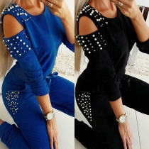 Trendlook Split Långärmad Topp med Pärldetaljer + Byxor Tvådelat Set