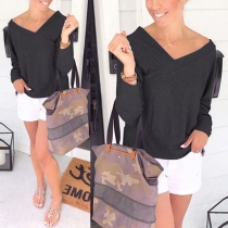 Fashion Solid Color Long Sleeve V-neck T-shirt
