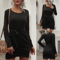 Fashion Solid Color Long Sleeve Round Neck Slim Fit Dress
