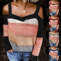 Sexy Off-shoulder Long Sleeve Contrast Color Sling Knit Top
