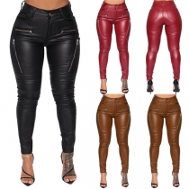 Fashion High Waist Slim Fit Solid Color Zipper PU Leather Pants