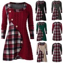 Fashion Plaid Spliced Long Sleeve Round Neck Knit Dress