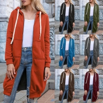 Fashion Solid Color Long Sleeve Hooded Mid Length Sweatshirt Coat