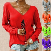 Fashion Solid Color V-neck Long Sleeve Printed Top