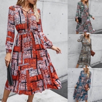 Fashion Contrast Color Printed Long Sleeve V-neck Dress