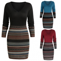 Fashion Printed Spliced V-neck Long Sleeve Slim Fit Dress