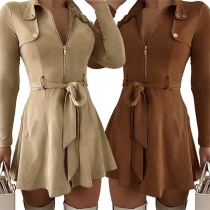 Solid Color High Waist Lace Up Long Sleeve Slim Fit Dress